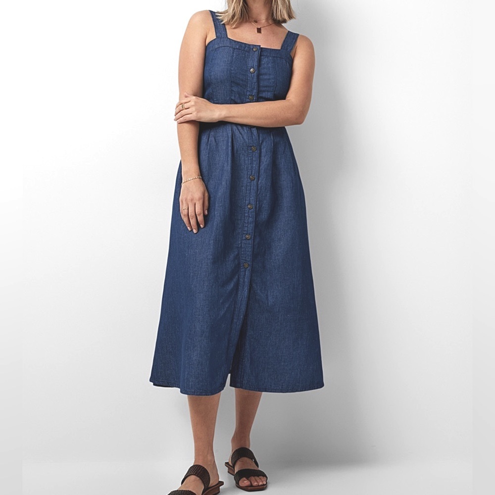 New SISLEY Snap Front Dark Denim Midi Dress